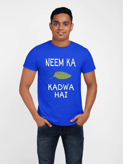 neem ka patta kadwa hai round neck half printed t shirt royal blue