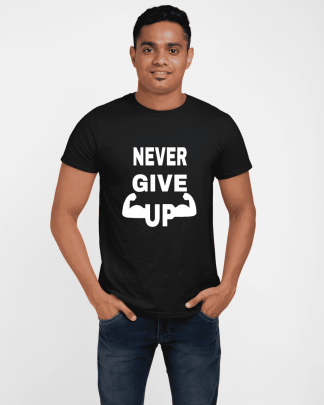 never give up round neck half printed t shirt black