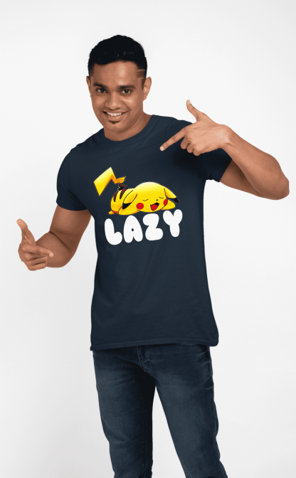 lazy pikachu printed t shirt round neck half navy blue
